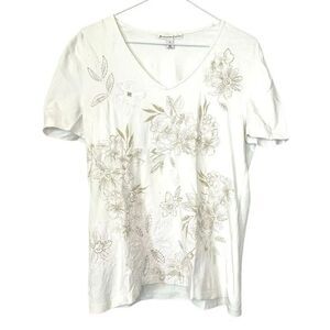 M Collection Floral V-Neck Short Sleeve T-Shirt White Green Size Petite Medium